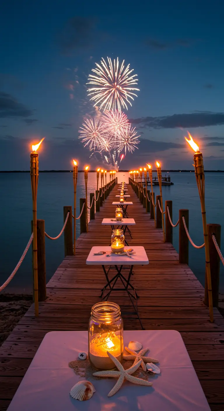 A long wooden dock at night, lit by tiki torches and candles on small tables, with fireworks.