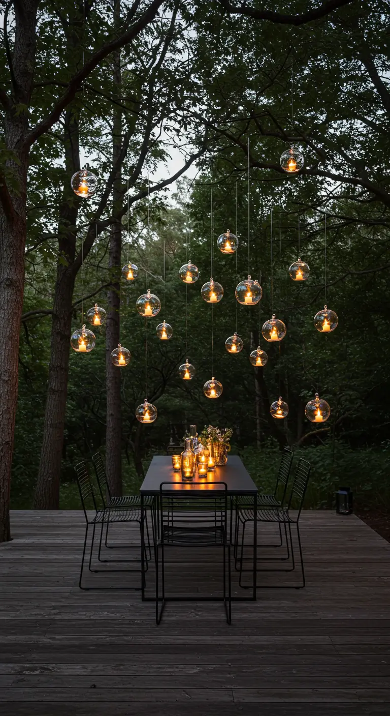 A dining table on a wooden deck in a forest, with dozens of hanging glass candle orbs above.