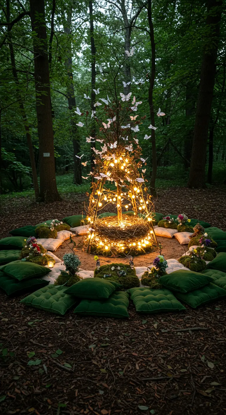 A teepee made of string lights in the woods, surrounded by green floor cushions.