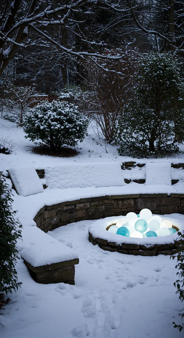 A circular stone fire pit filled not with fire, but with a pile of glowing orbs.