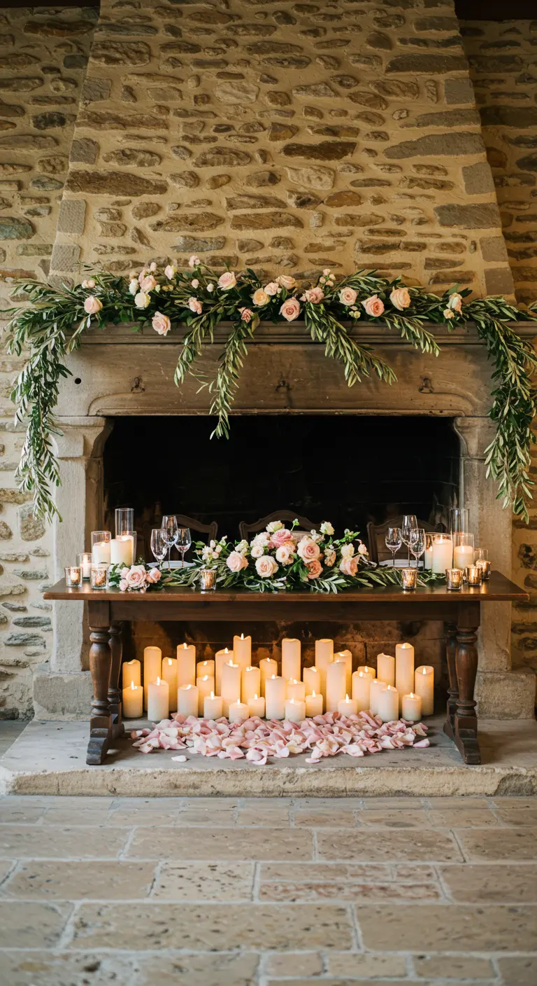 Stone fireplace filled with pillar candles and decorated with a lush garland of greenery and roses.