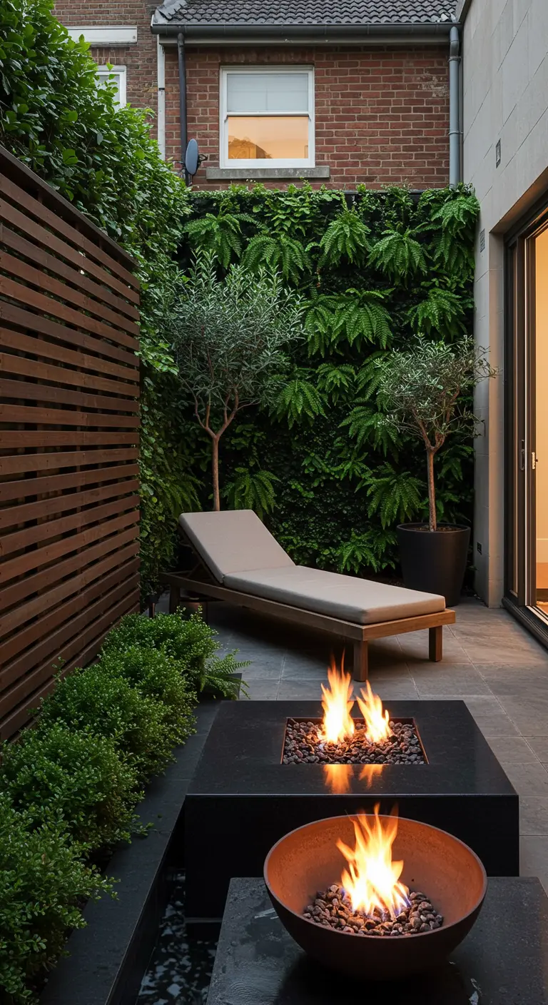 A modern patio with a fire pit, a chaise lounge, and a tall living wall behind it.