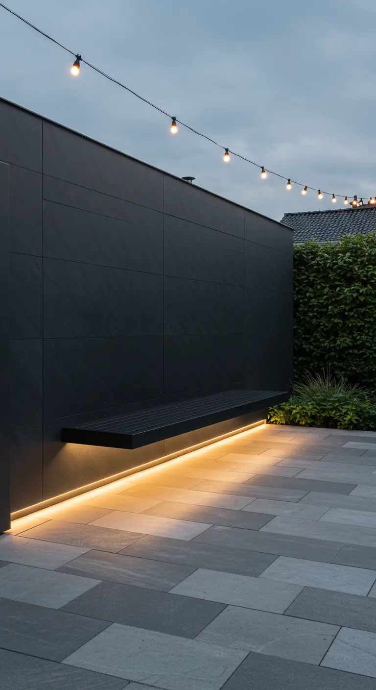 A black bench mounted to a dark wall, lit from below with a warm LED strip.