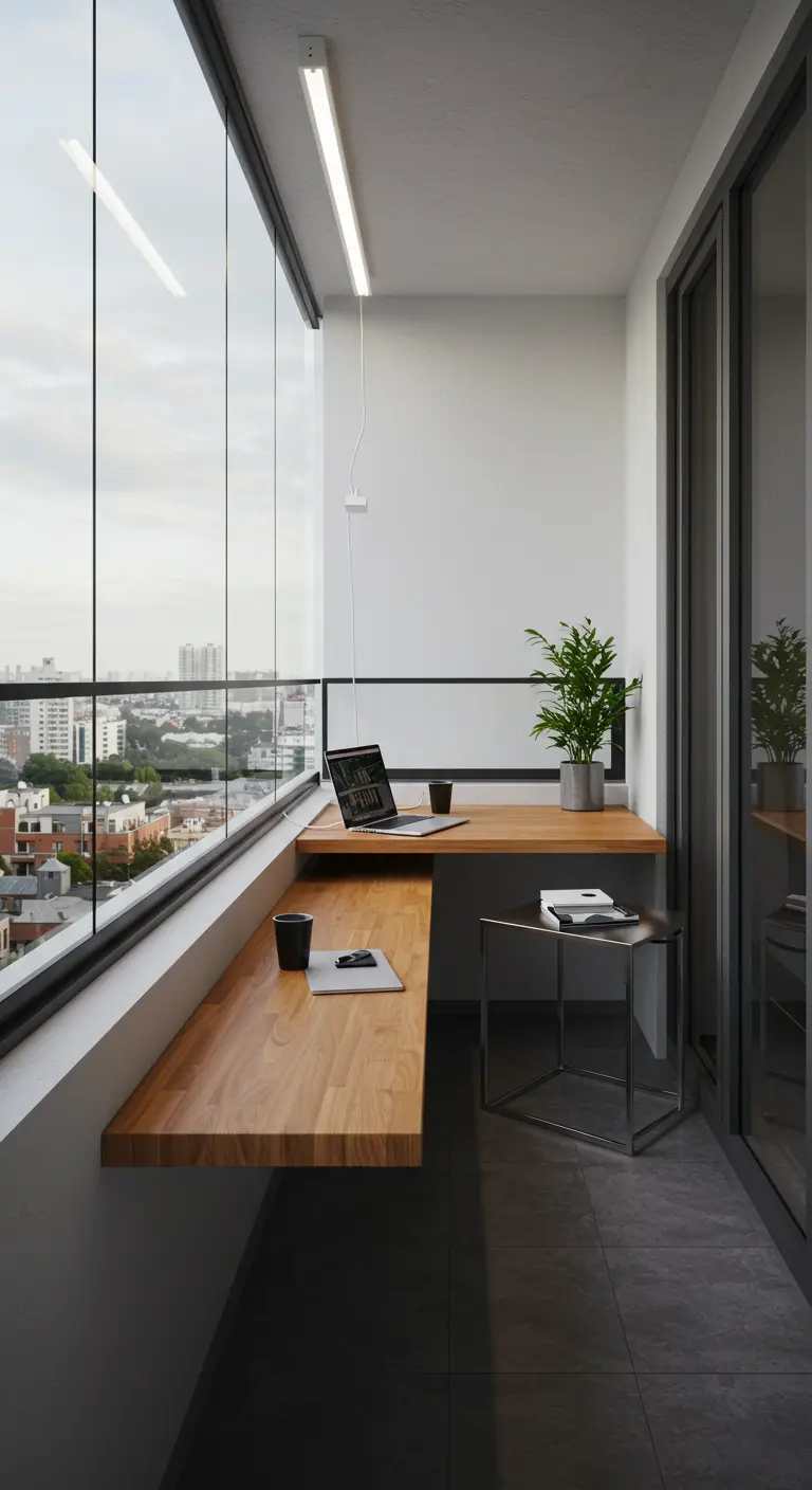 A glass-enclosed balcony with a built-in wooden corner desk for a home office.