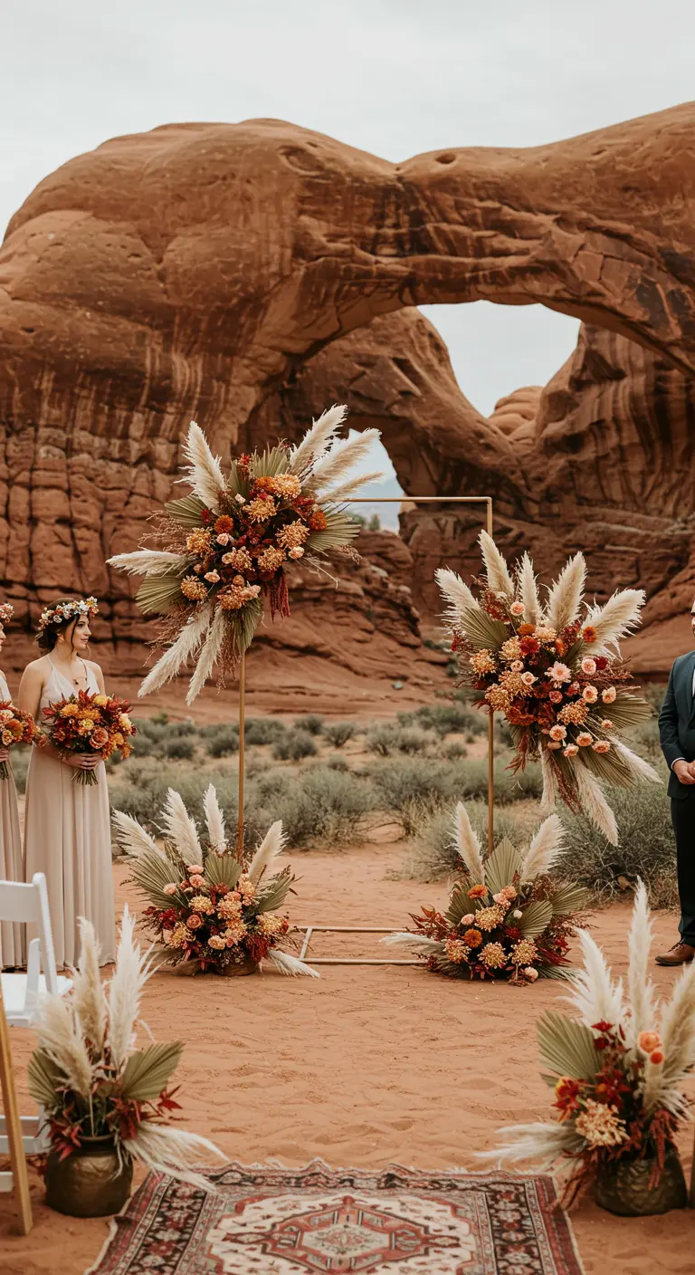 A deconstructed wedding arch with two stands of pampas grass and florals.