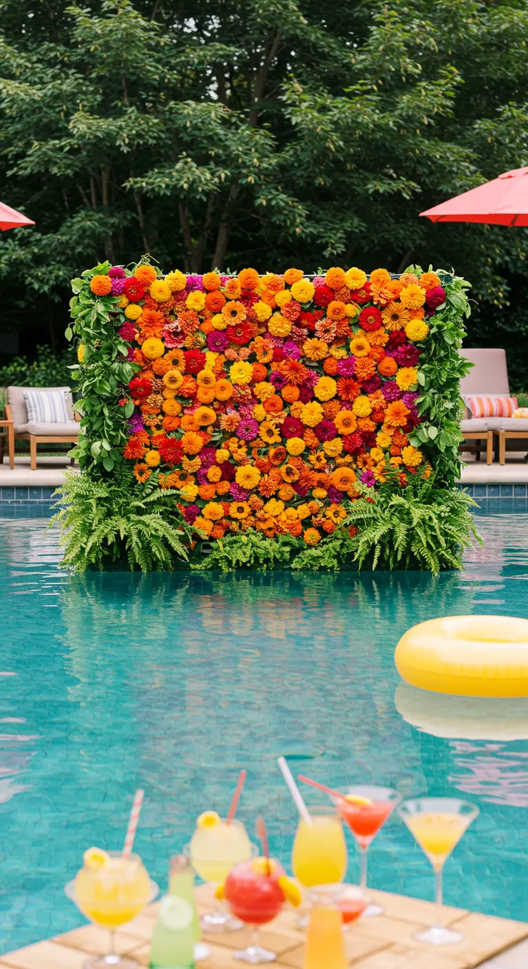 A dense, colorful wall of flowers floating in a swimming pool.