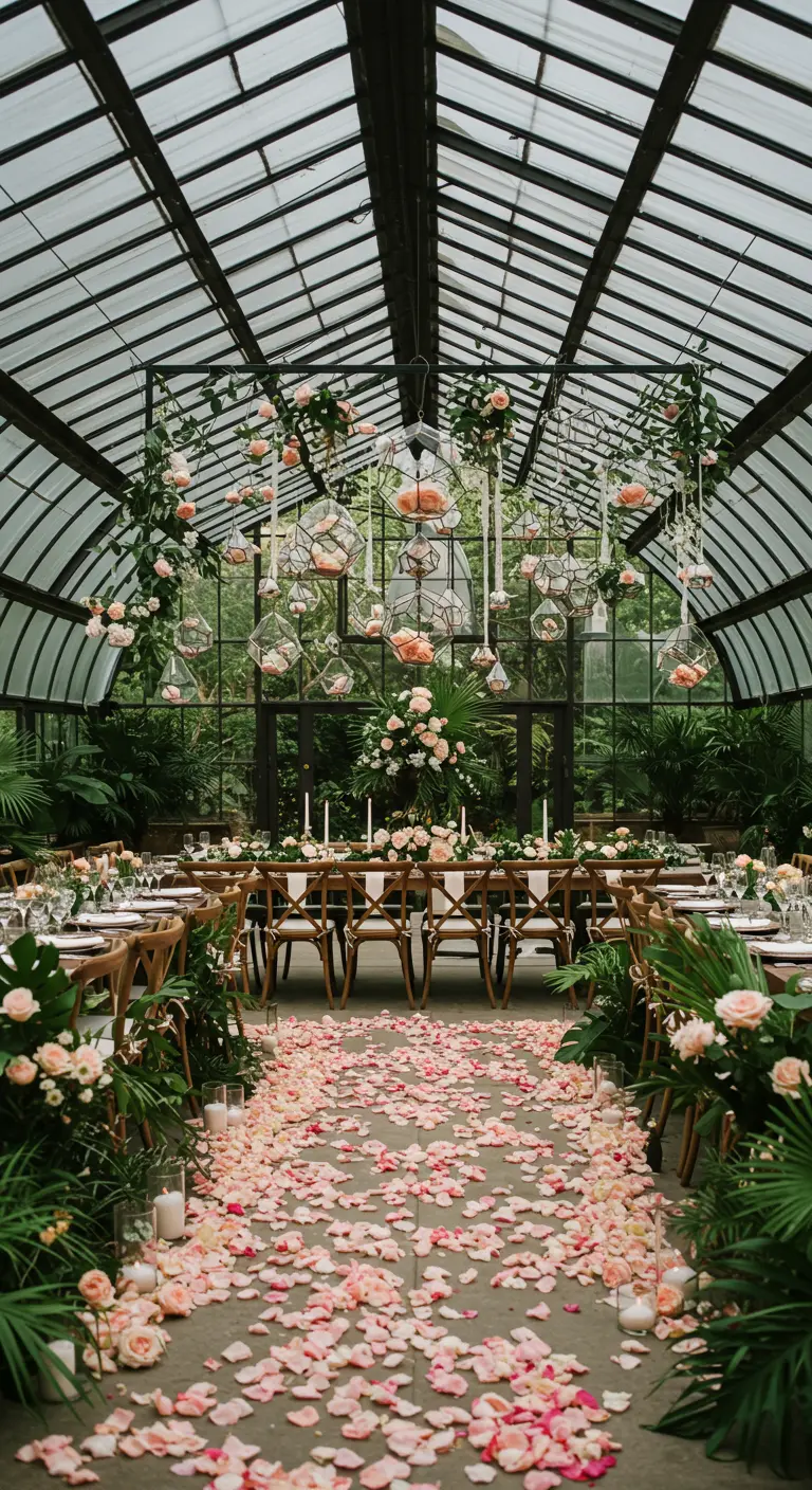 Greenhouse wedding reception with dozens of hanging glass terrariums holding single blush roses.