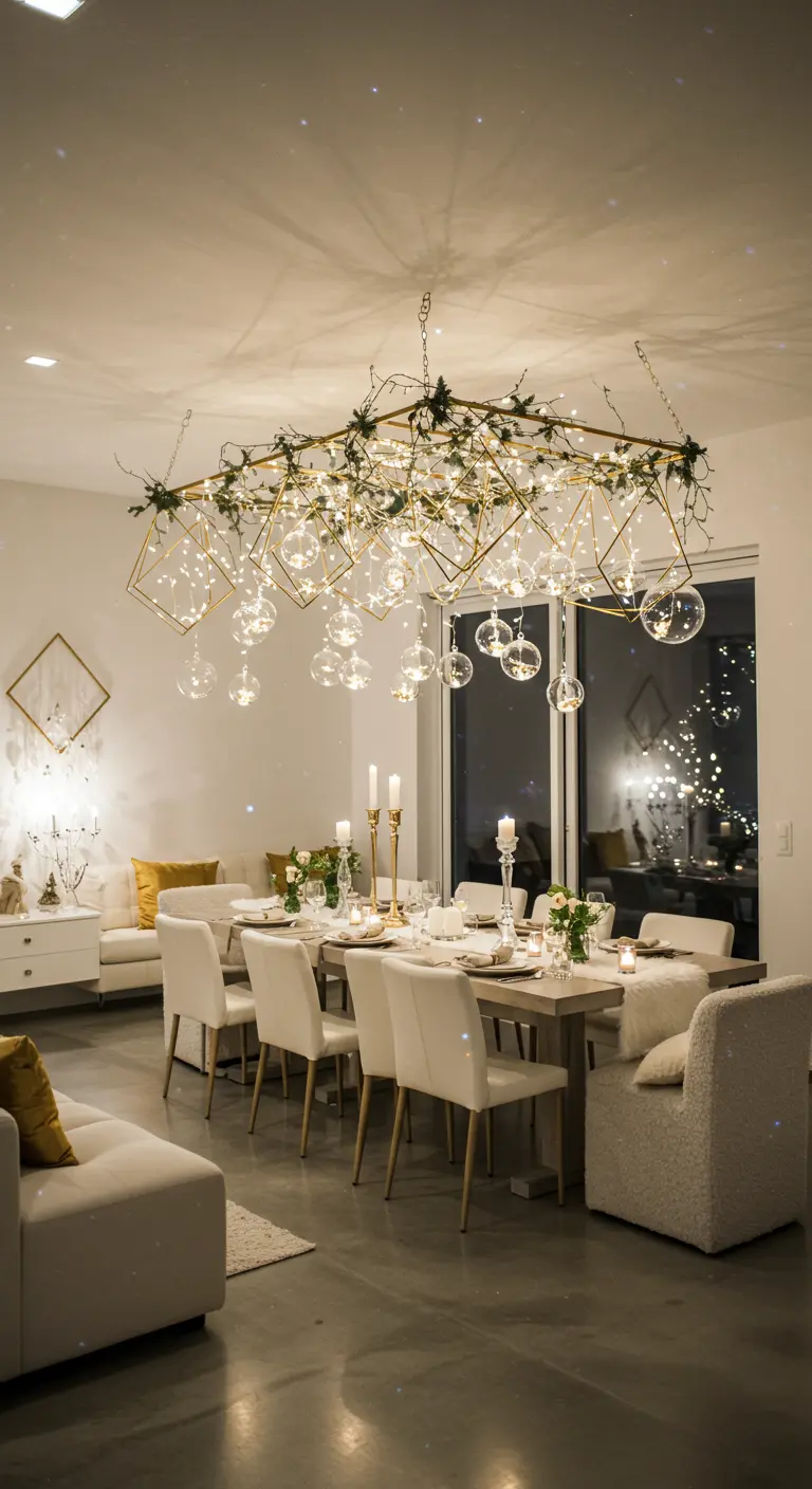 A dining table sits under a hanging geometric chandelier with lights and glass orbs.