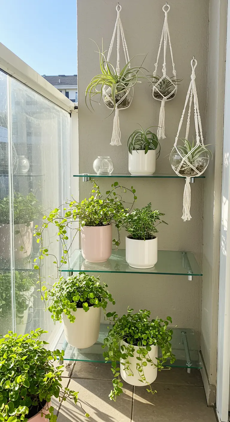Glass shelves in a balcony corner holding small, delicate green plants.