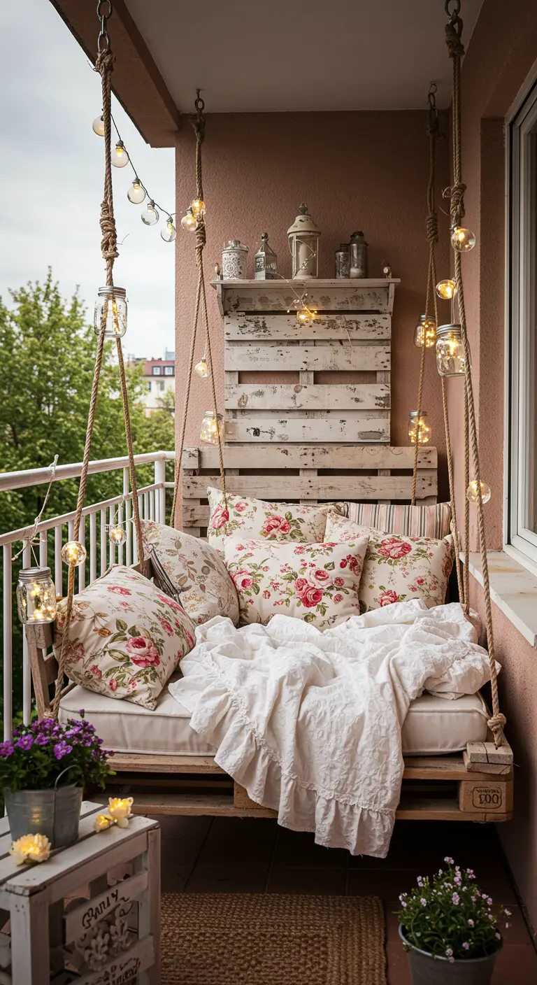 A hanging daybed made from pallets, filled with floral cushions and surrounded by lights.