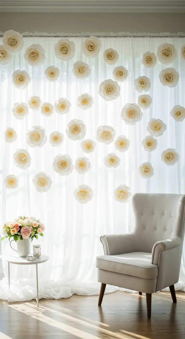 White paper roses appearing to float against sheer white curtains in a sunlit room.