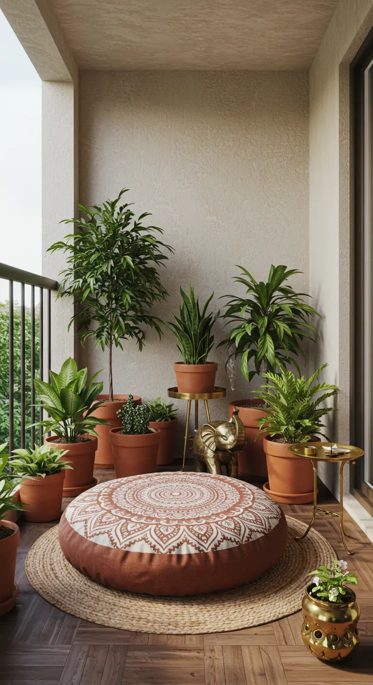 A balcony corner with a large patterned floor cushion surrounded by plants in terracotta pots.