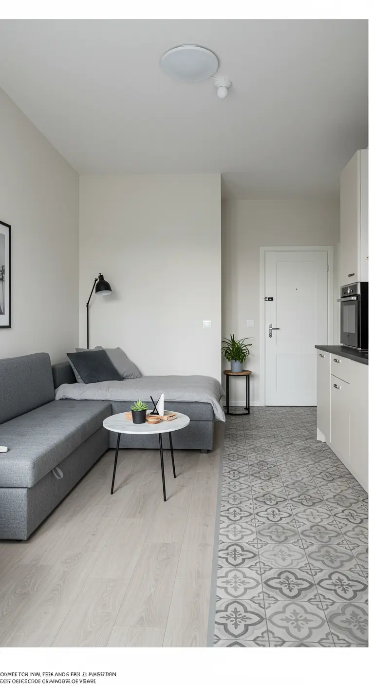 A studio apartment using different flooring—tile for the kitchen, wood for the living area.