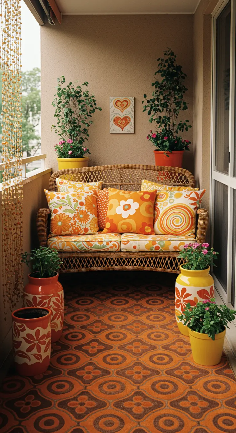 A '70s balcony with a patterned orange rug and a wicker sofa covered in floral pillows.