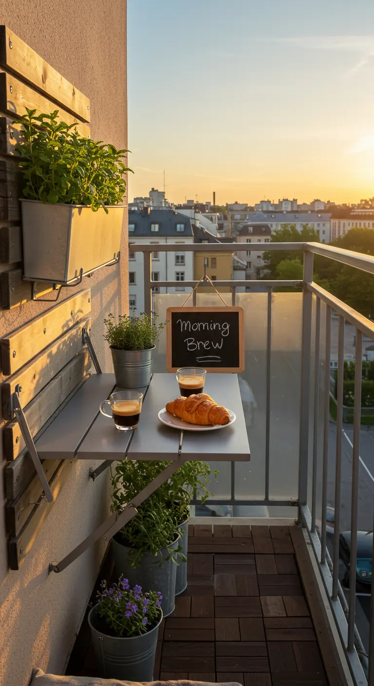 A tiny balcony with a fold-down table and vertical planters glowing in the morning sun.