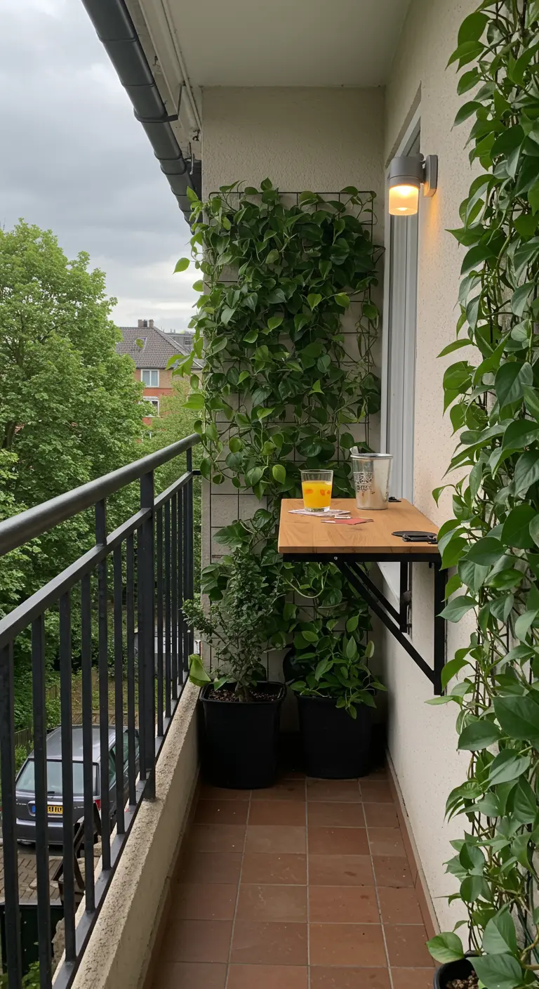 A narrow balcony with a wall-mounted folding table and climbing plants on a trellis.