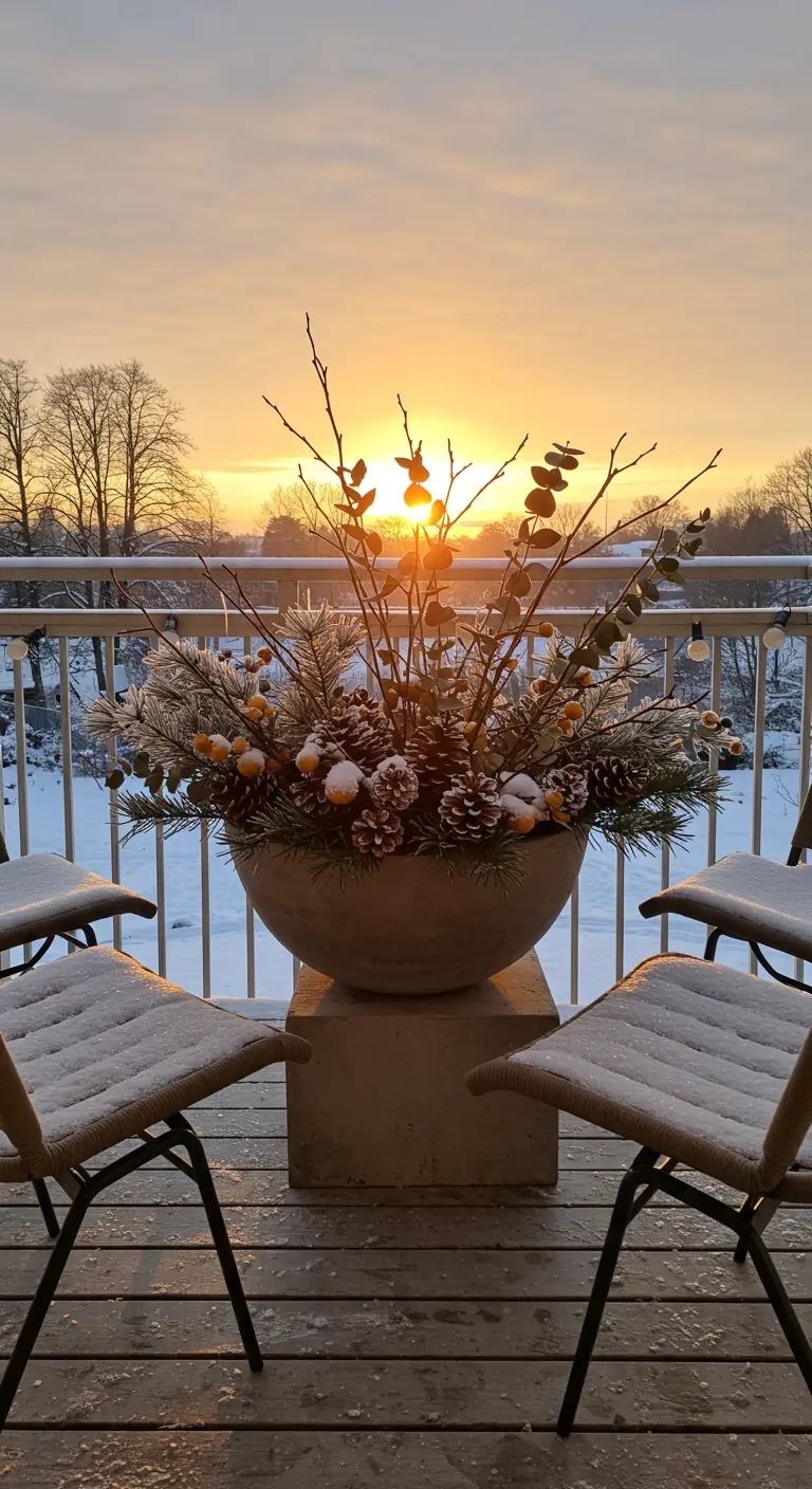 Large winter centerpiece in a bowl with pinecones and branches against a sunset.