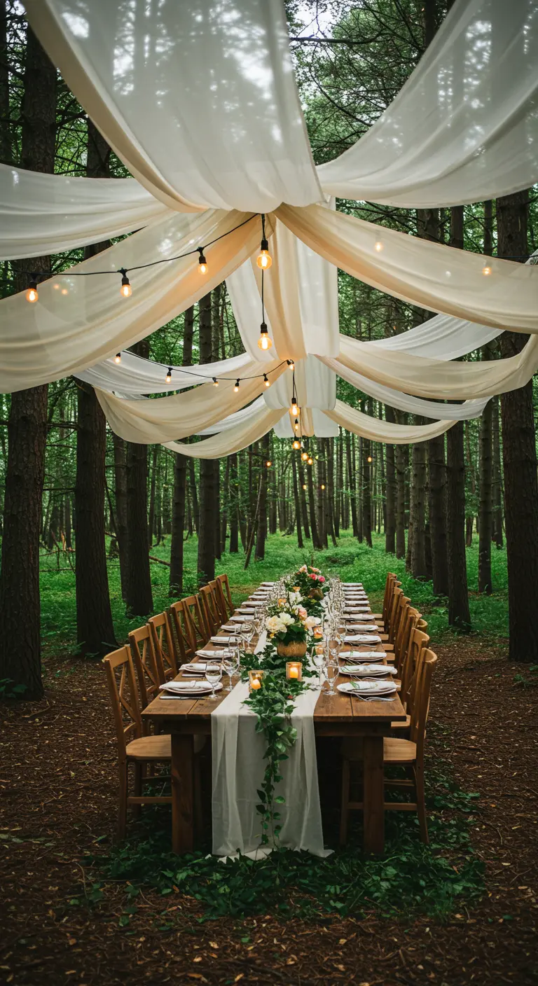 A long dining table in the woods under an elaborate canopy of white fabric and Edison lights.