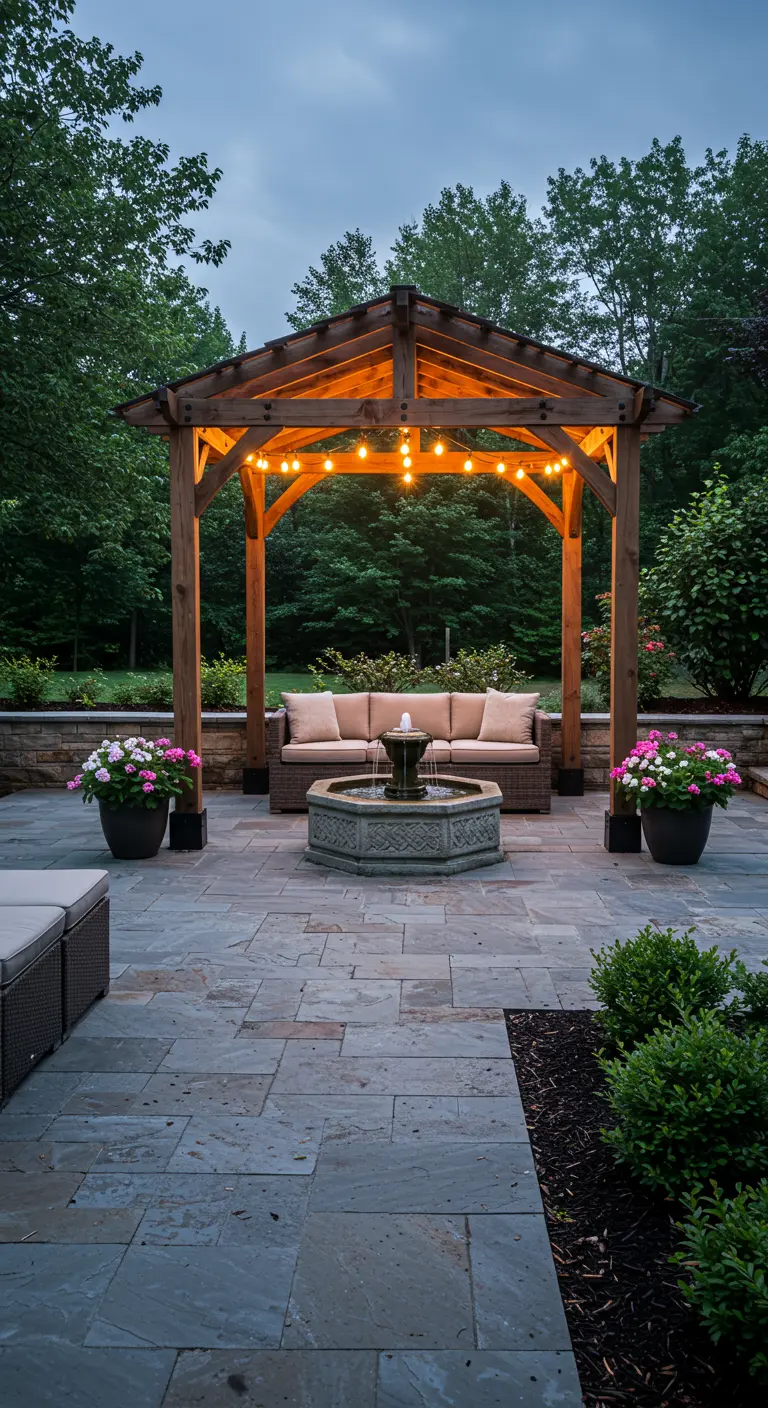 A pergola over a wicker sofa, perfectly framing a classic stone fountain in a patio courtyard.