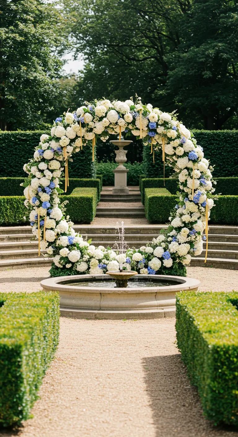 A large circular floral wreath of white and blue flowers framing a garden fountain.