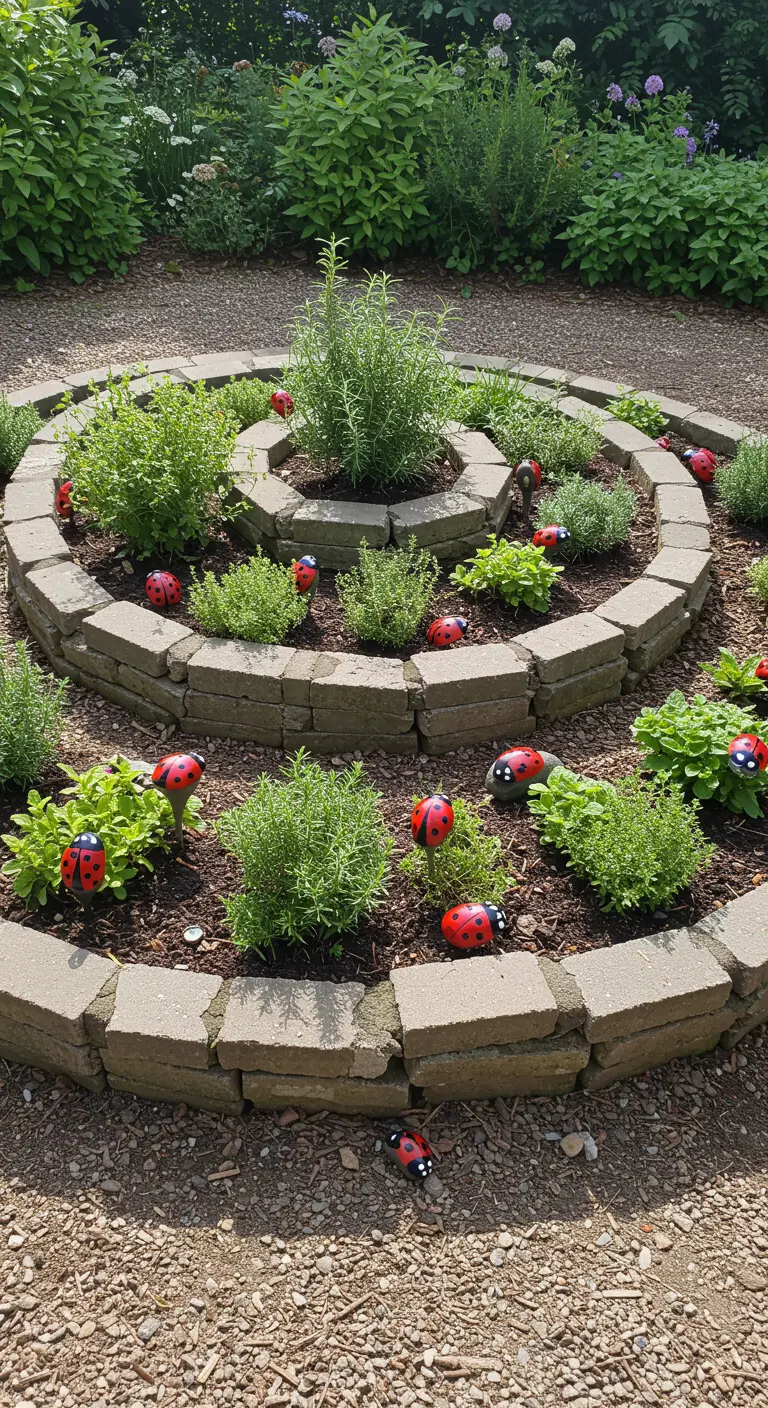 Painted ladybug rocks scattered throughout a circular, tiered herb spiral garden.