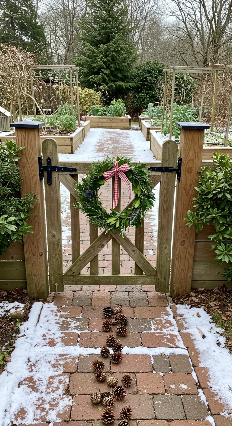 A wooden vegetable garden gate with a fragrant herb wreath tied with a gingham ribbon.