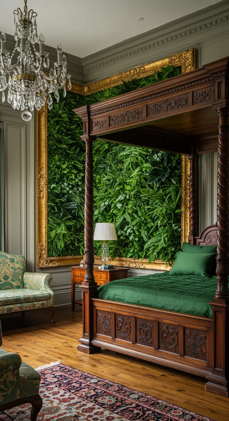 A traditional bedroom where a living wall is framed by a large, ornate gold frame.