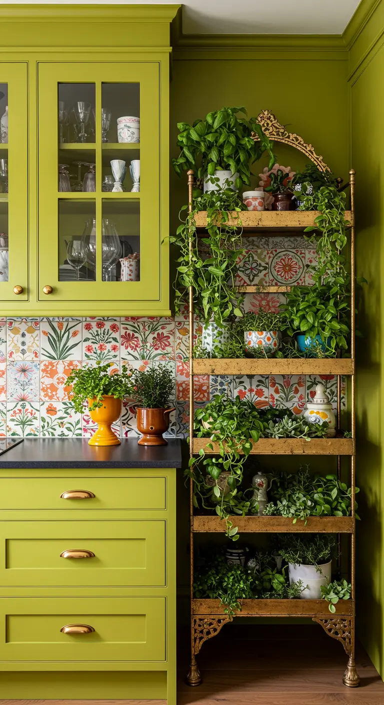 Olive green kitchen with a tall, ornate gold shelving unit filled with potted plants.