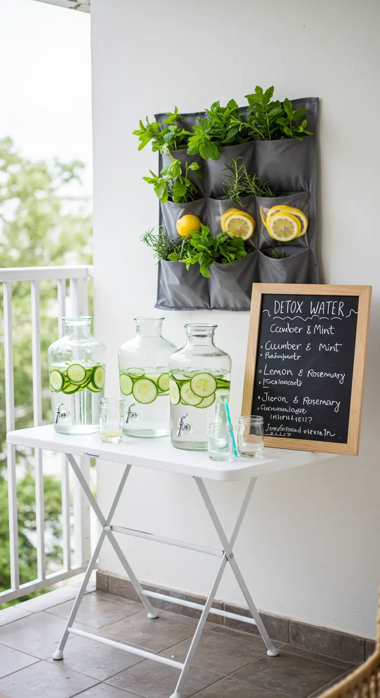 A balcony with a fabric pocket planter holding mint and lemons, next to jars of detox water.