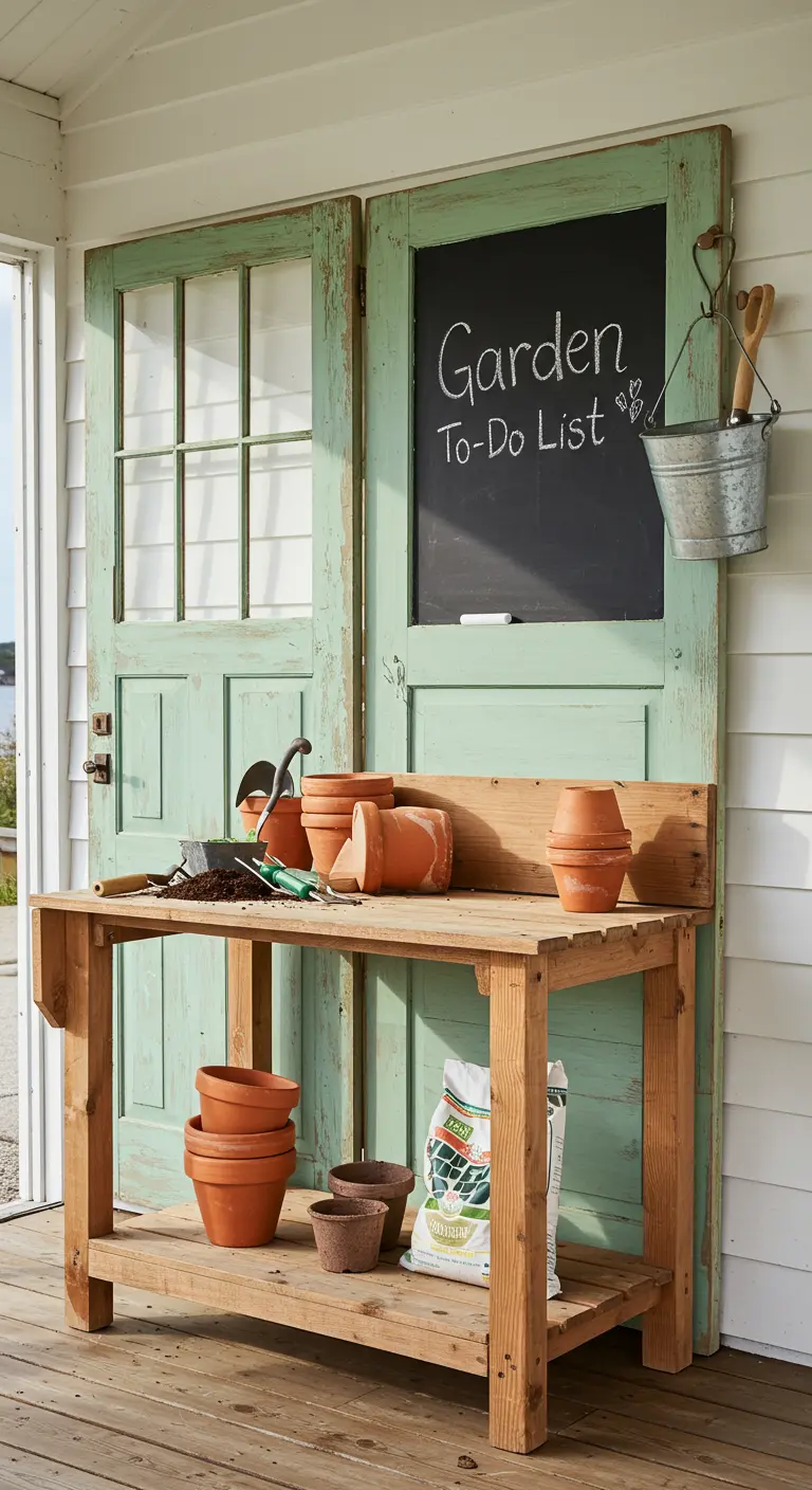 A mint green door with a chalkboard panel and a wooden potting bench.