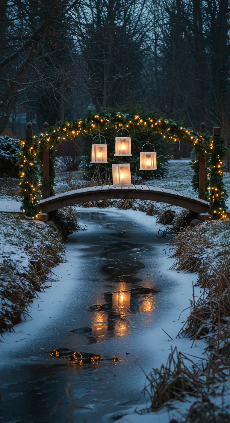 A small wooden bridge over a frozen stream, decorated with lights and hanging lanterns.