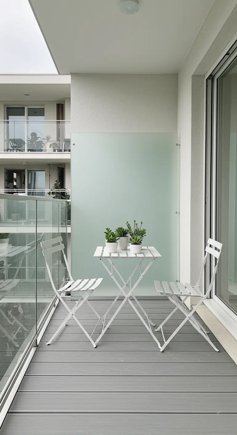 A white metal bistro set with small succulents on a balcony with a frosted glass privacy screen.