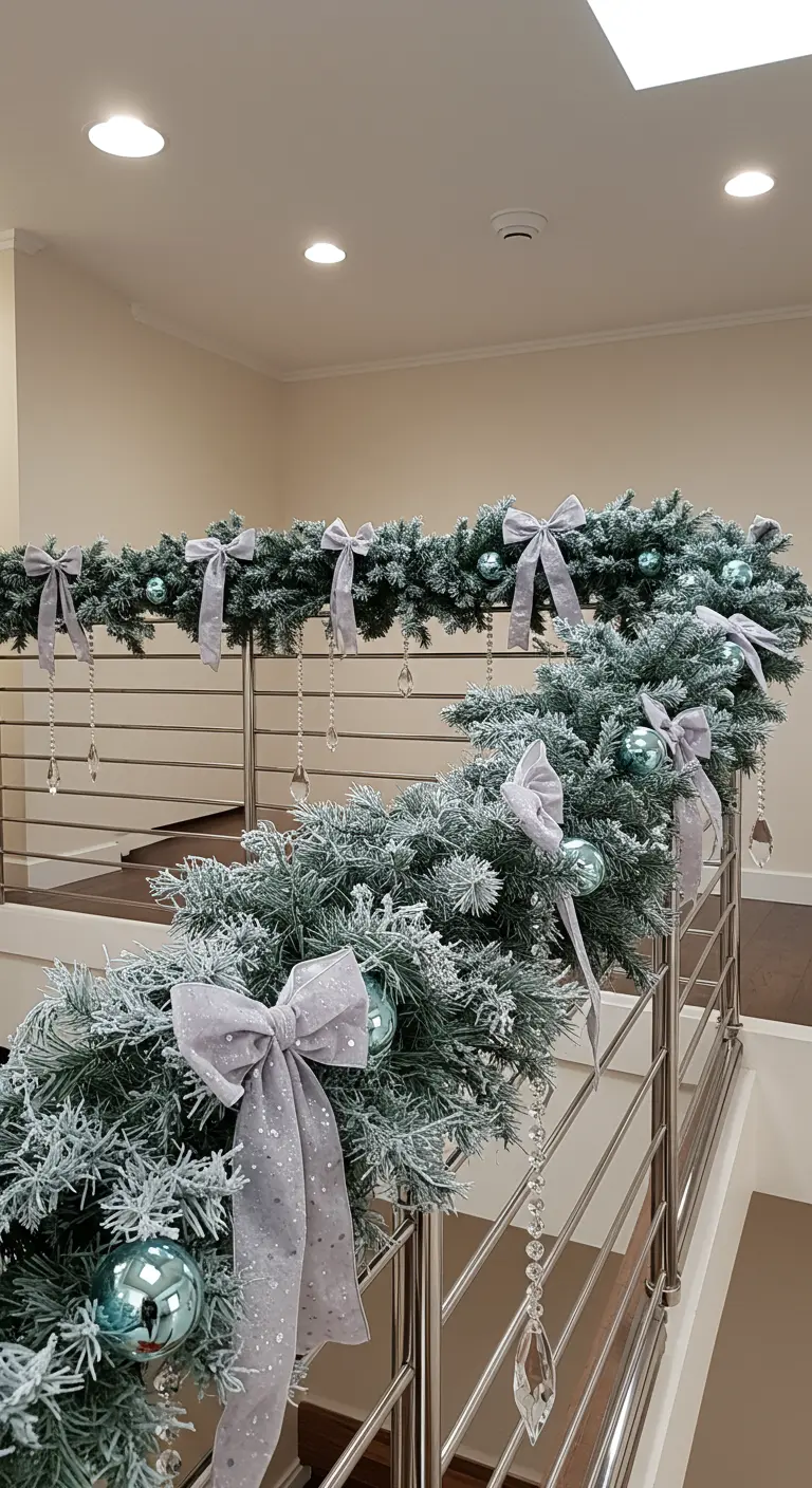 Flocked garland on a modern railing with light blue ribbons and hanging crystal droplets.