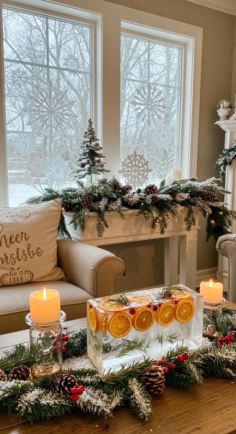 A decorative ice block with frozen oranges and rosemary as a winter centerpiece.