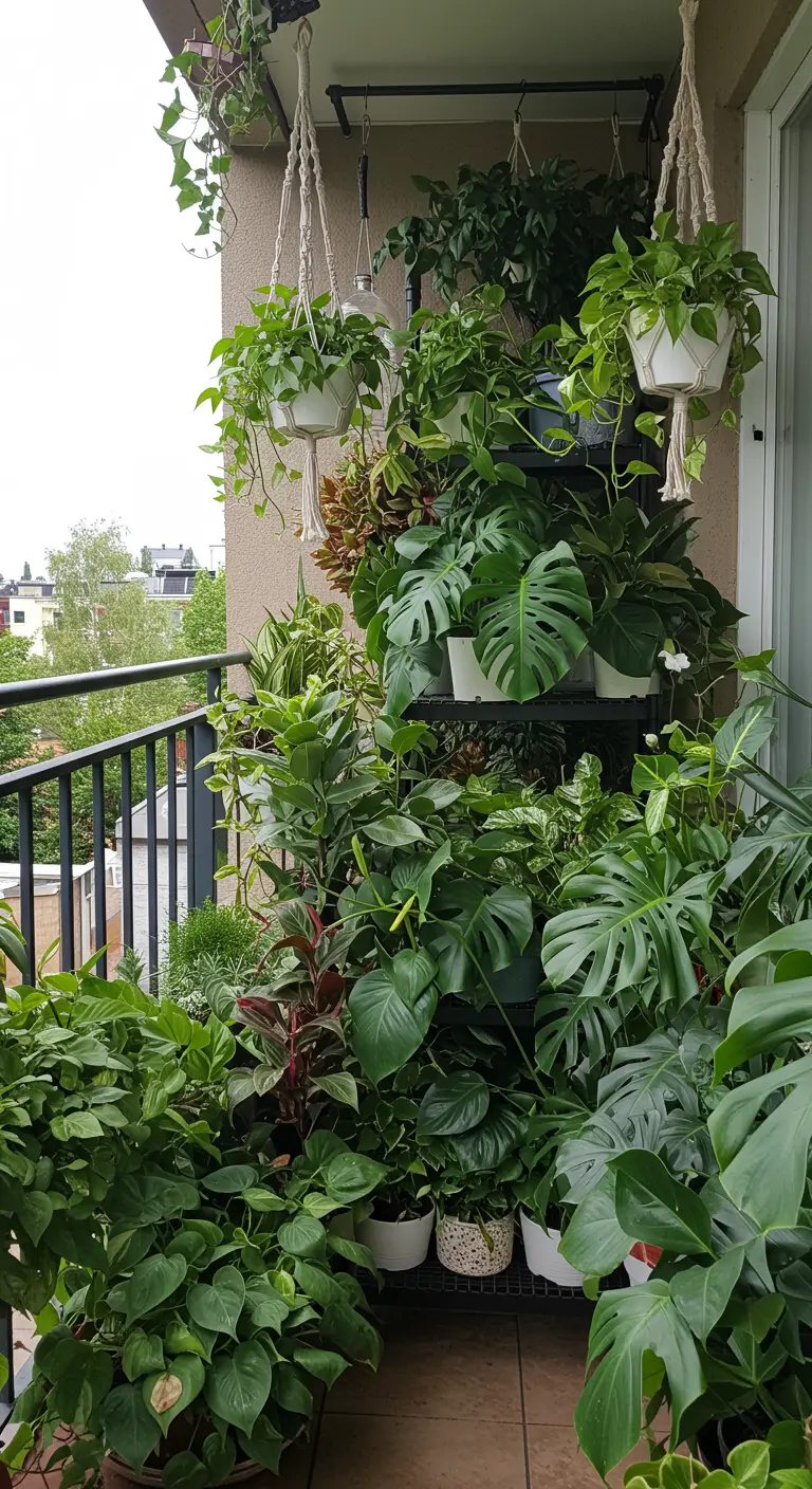 A very dense, lush balcony packed with a variety of green plants.