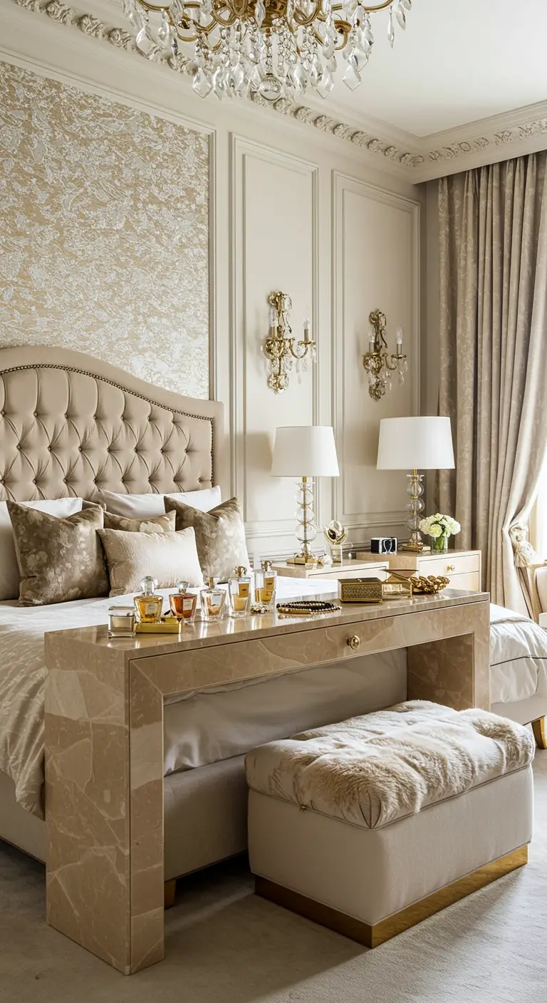 Cream bedroom with a marble console table at the foot of the bed.