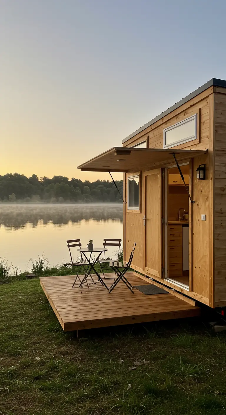 Light wood tiny home with a fold-out awning over a deck by a calm lake.