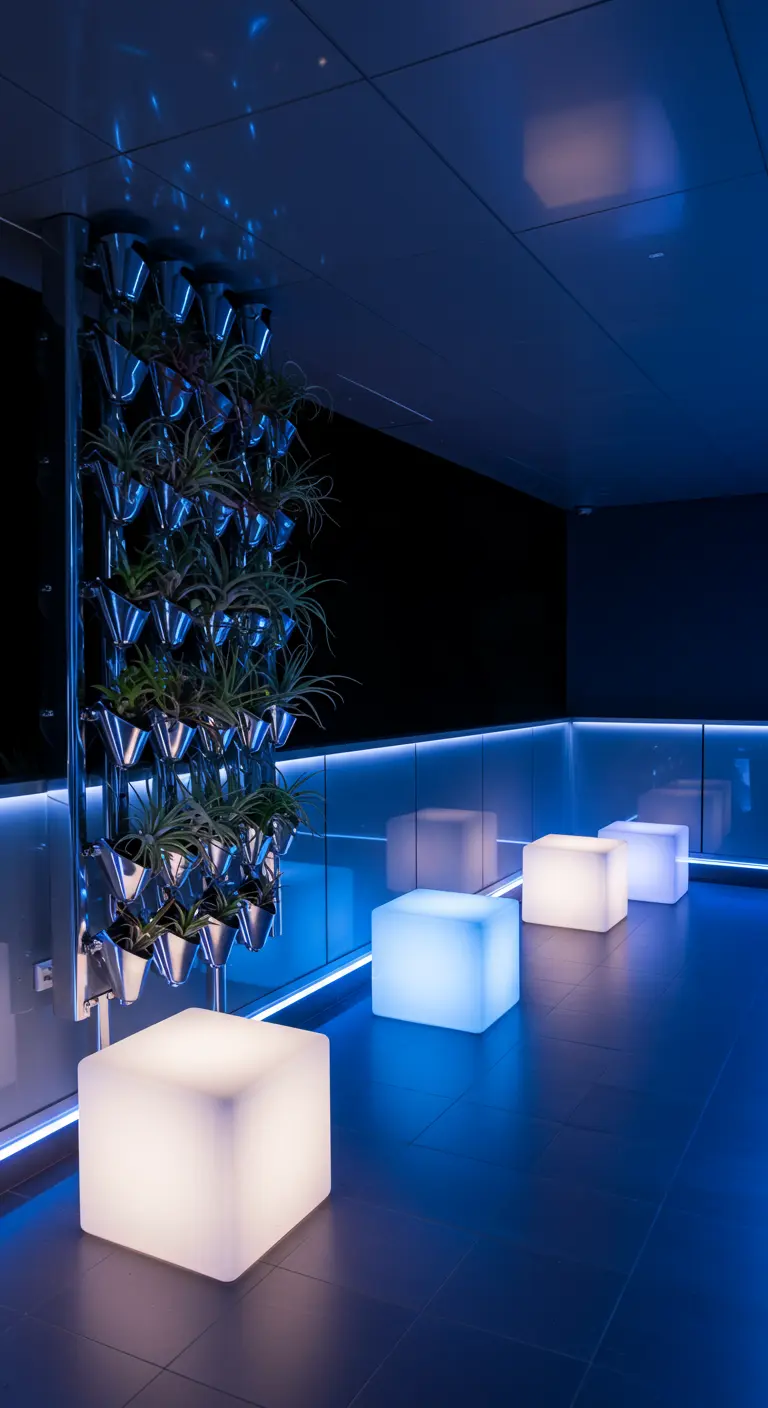 A futuristic balcony with glowing cube seats, a metal vertical garden, and blue LED lighting.