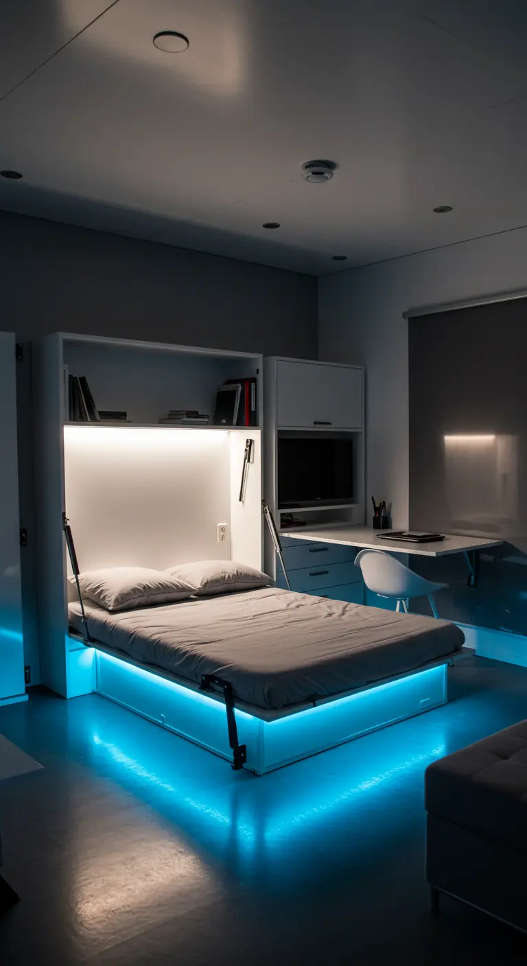A white Murphy bed with glowing blue LED lights underneath, creating a floating effect.