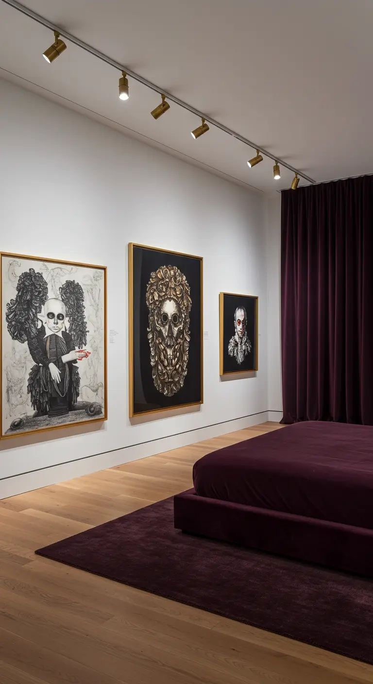 A minimalist bedroom designed like an art gallery with a low plum bed and track lighting.