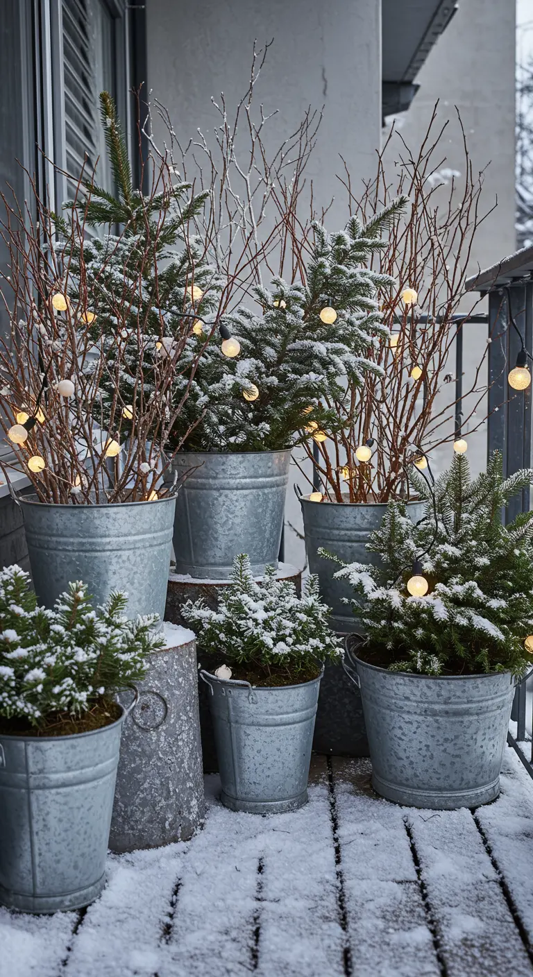 Group of galvanized buckets with small Christmas trees and branches lit by globe lights.
