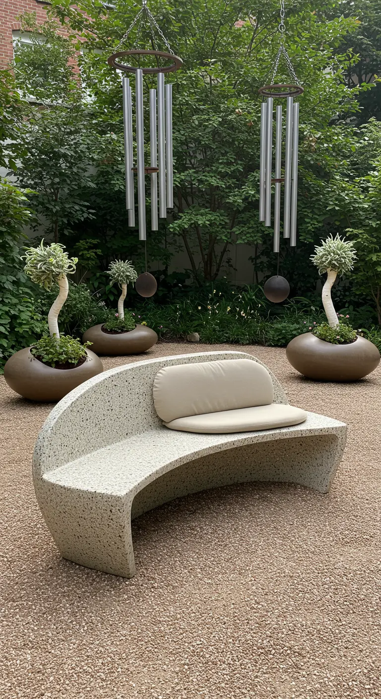 A sculptural garden with a curved terrazzo bench and unique, artistic planters.