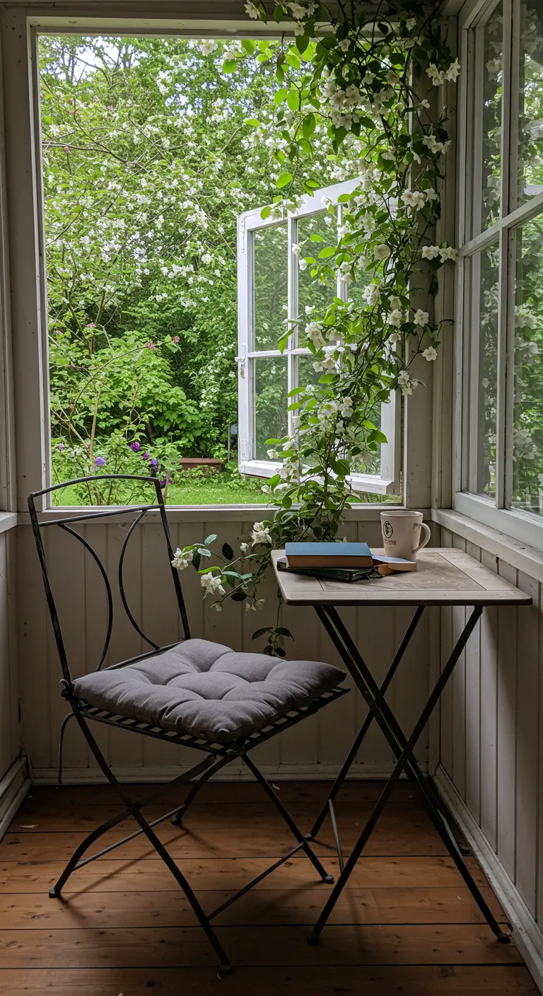 A bistro table inside an enclosed porch, with a jasmine vine growing in through the window.