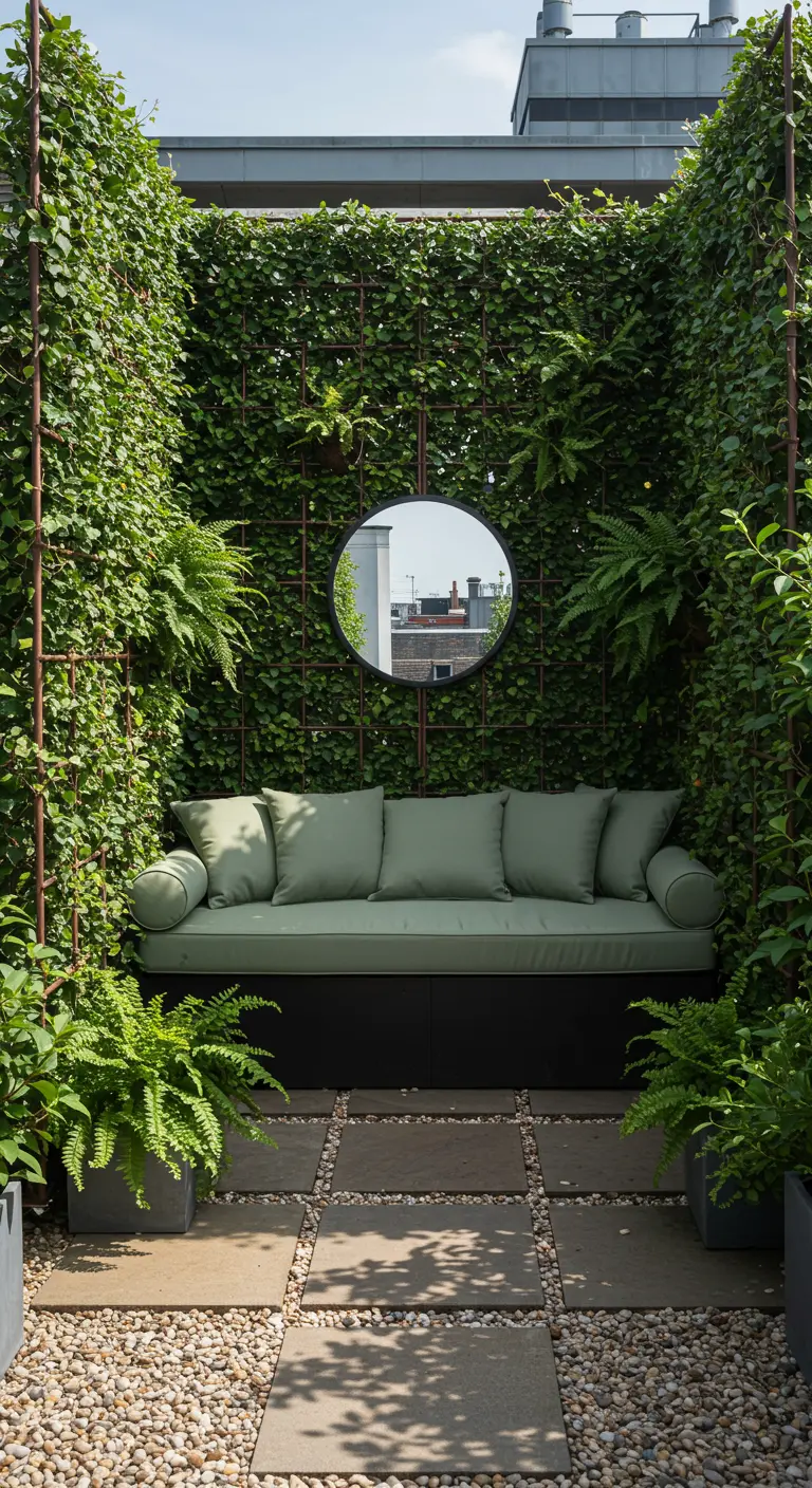 A secluded garden seating nook with a round mirror hanging on an ivy-covered wall.