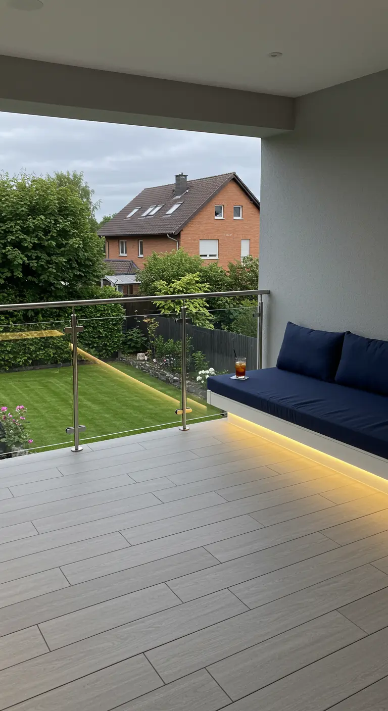 Balcony with a white built-in bench, navy cushions, and warm underglow lighting.
