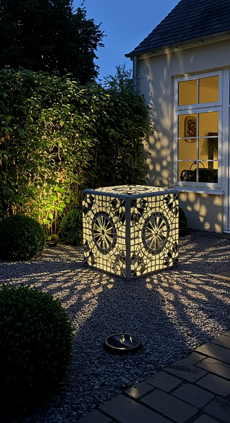 A cube-shaped mosaic lantern glowing in a gravel garden at night.