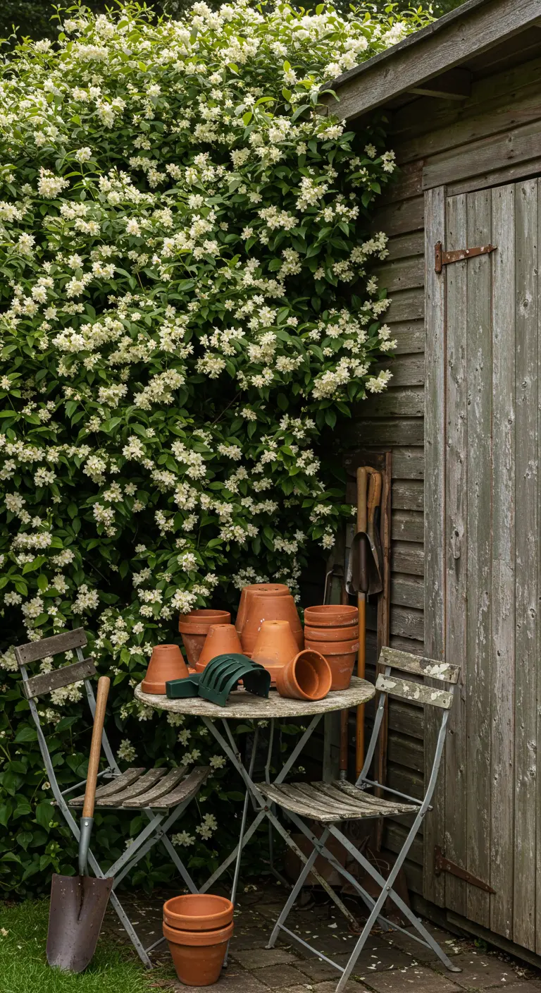 A weathered wood and metal bistro set by a shed, holding terracotta pots and garden tools.