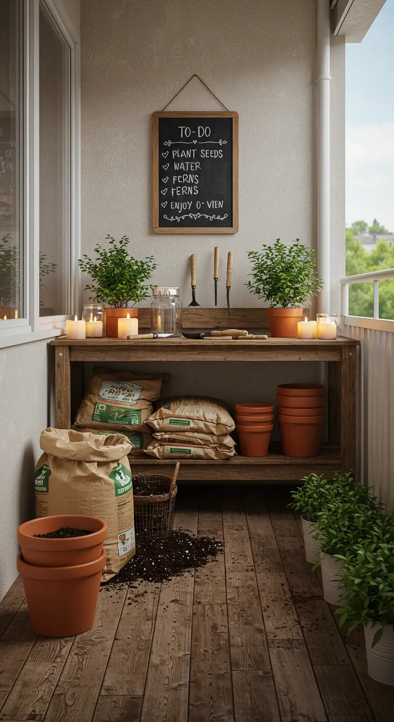 A functional and tidy potting bench on a balcony with a chalkboard to-do list and gardening supplies.