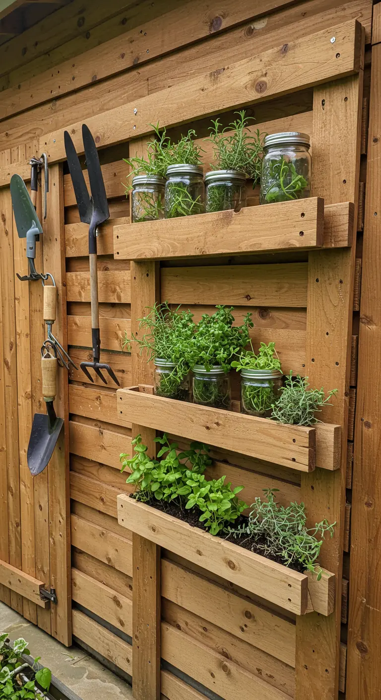 A garden shed wall features a multi-level herb garden with jars, boxes, and hanging garden tools.