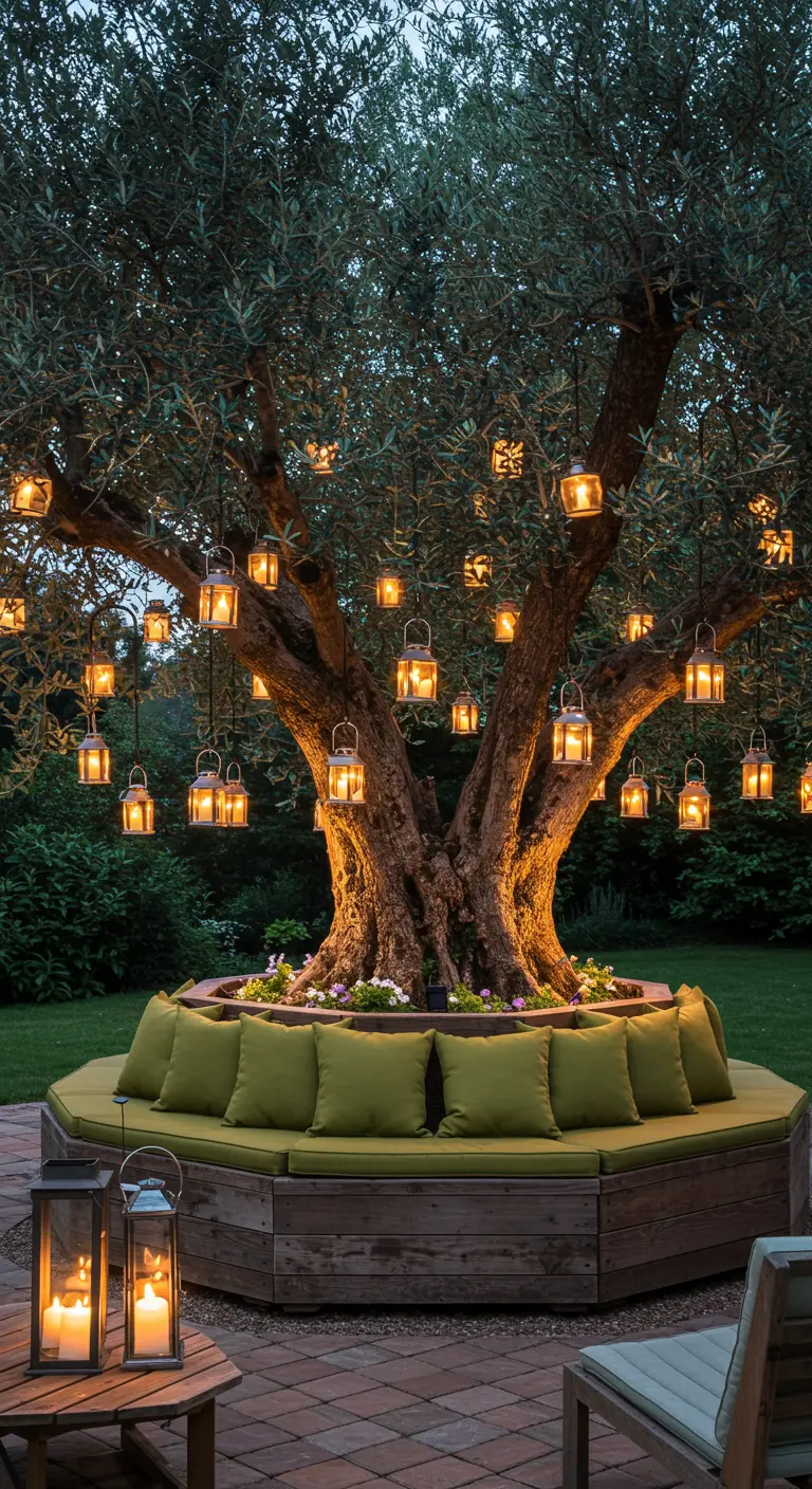 Large olive tree with a built-in circular bench and dozens of hanging lanterns.